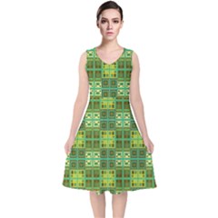 Mod Yellow Green Squares Pattern V-neck Midi Sleeveless Dress 