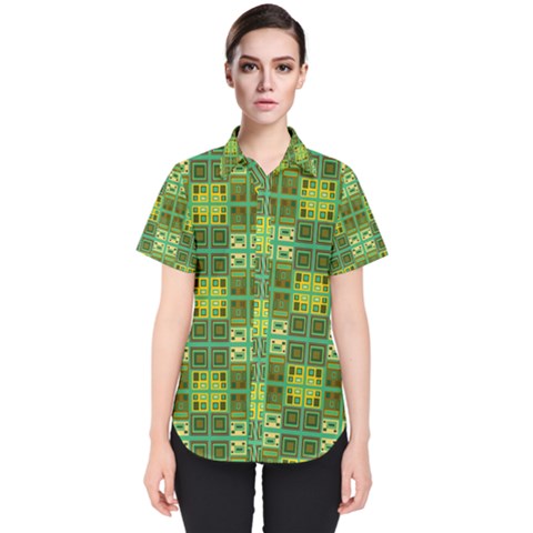 Mod Yellow Green Squares Pattern Women s Short Sleeve Shirt by BrightVibesDesign