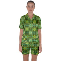 Mod Yellow Green Squares Pattern Satin Short Sleeve Pyjamas Set