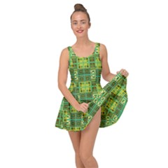 Mod Yellow Green Squares Pattern Inside Out Casual Dress by BrightVibesDesign