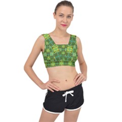 Mod Yellow Green Squares Pattern V-back Sports Bra