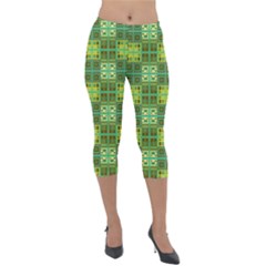 Mod Yellow Green Squares Pattern Lightweight Velour Capri Leggings  by BrightVibesDesign