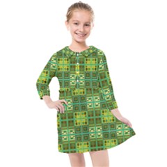 Mod Yellow Green Squares Pattern Kids  Quarter Sleeve Shirt Dress by BrightVibesDesign