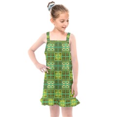 Mod Yellow Green Squares Pattern Kids  Overall Dress by BrightVibesDesign