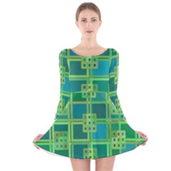 Green Abstract Geometric Long Sleeve Velvet Skater Dress by Simbadda