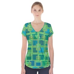 Green Abstract Geometric Short Sleeve Front Detail Top by Simbadda