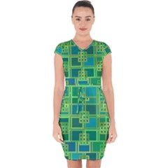 Green Abstract Geometric Capsleeve Drawstring Dress 