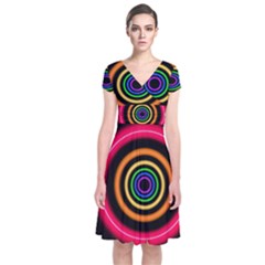 Neon Light Abstract Pattern Lines Short Sleeve Front Wrap Dress by Simbadda