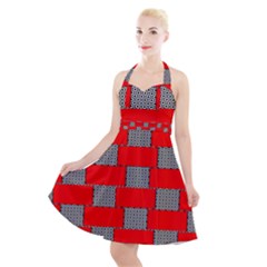 Black And White Red Patterns Halter Party Swing Dress 