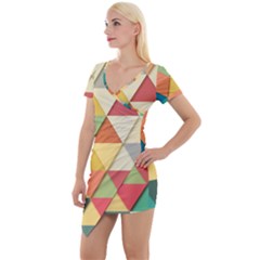 Background Geometric Triangle Short Sleeve Asymmetric Mini Dress by Simbadda