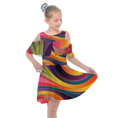 Abstract Colorful Background Wavy Kids  Shoulder Cutout Chiffon Dress by Simbadda