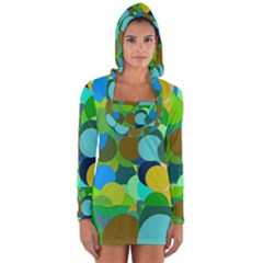 Green Aqua Teal Abstract Circles Long Sleeve Hooded T-shirt by Simbadda