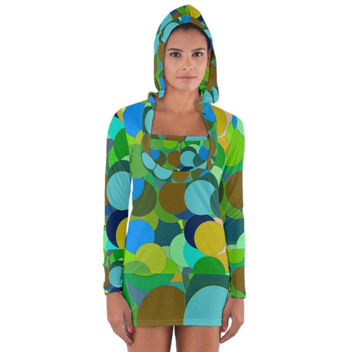 Green Aqua Teal Abstract Circles Long Sleeve Hooded T-shirt