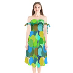 Green Aqua Teal Abstract Circles Shoulder Tie Bardot Midi Dress