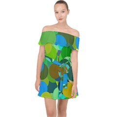 Green Aqua Teal Abstract Circles Off Shoulder Chiffon Dress