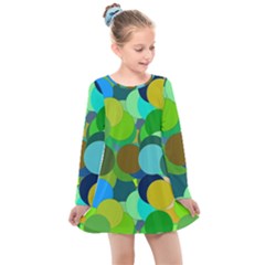 Green Aqua Teal Abstract Circles Kids  Long Sleeve Dress by Simbadda