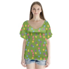 Balloon Grass Party Green Purple V-neck Flutter Sleeve Top by Simbadda