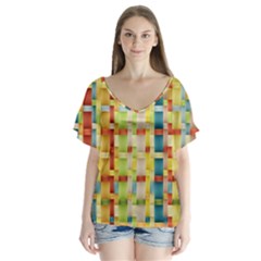 Woven Pattern Background Yellow V-neck Flutter Sleeve Top by Simbadda