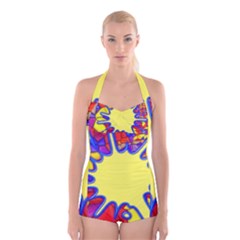 Embroidery Dab Color Spray Boyleg Halter Swimsuit  by Simbadda