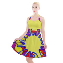 Embroidery Dab Color Spray Halter Party Swing Dress 