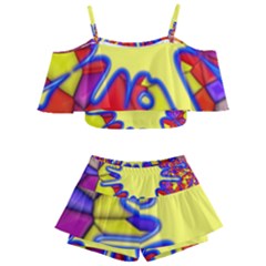 Embroidery Dab Color Spray Kids  Off Shoulder Skirt Bikini