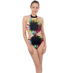 Color Background Structure Lines Halter Side Cut Swimsuit