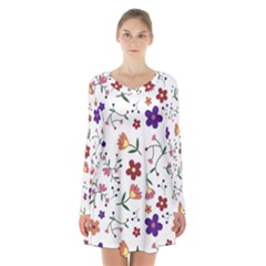 Flowers Pattern Texture Nature Long Sleeve Velvet V-neck Dress by Simbadda