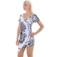 Floriated Antique Scroll Fruit Short Sleeve Asymmetric Mini Dress by Simbadda