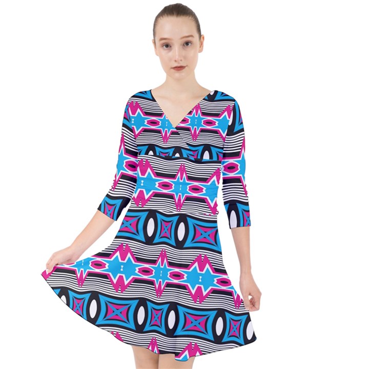 Blue pink shapes rows.jpg                                                         Quarter Sleeve Front Wrap Dress