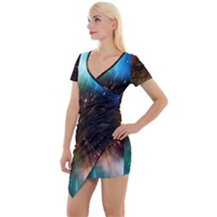 Universe Galaxy Sun Star Movement Short Sleeve Asymmetric Mini Dress by Simbadda