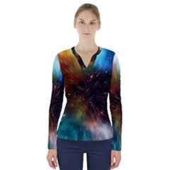 Universe Galaxy Sun Star Movement V-neck Long Sleeve Top by Simbadda