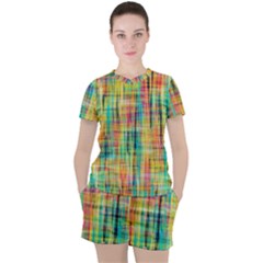 Yellow Blue Red Stripes                                                        Women s Mesh Tee And Shorts Set