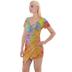 Orange Red Yellow Watercolors Texture                                                      Short Sleeve Asymmetric Mini Dress