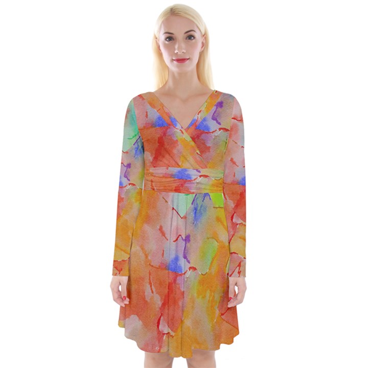 Orange red yellow watercolors texture                                                           Long Sleeve Front Wrap Dress