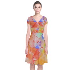 Orange Red Yellow Watercolors Texture                                                   Short Sleeve Front Wrap Dress