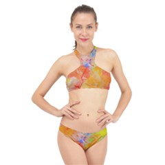 Orange Red Yellow Watercolors Texture                                                        High Neck Bikini Set