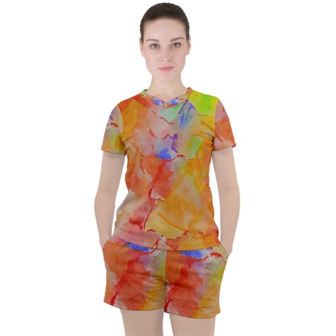 Orange Red Yellow Watercolors Texture                                                        Women s Mesh Tee And Shorts Set by LalyLauraFLM