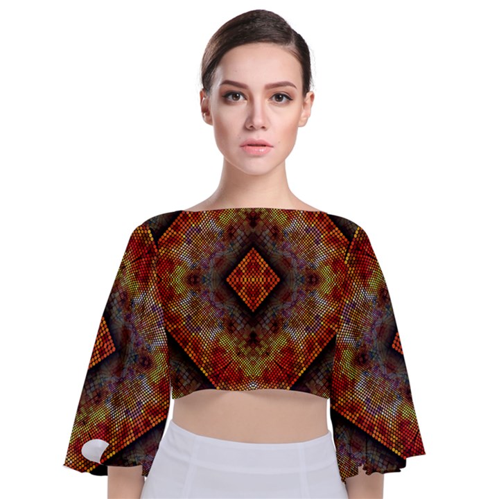 Autumn Kaleidoscope Art Pattern Tie Back Butterfly Sleeve Chiffon Top