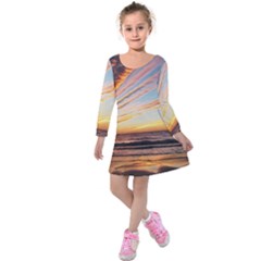 Sunset Beach Ocean Scenic Kids  Long Sleeve Velvet Dress by Simbadda