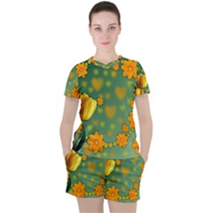 Background Design Texture Tulips Women s Tee And Shorts Set