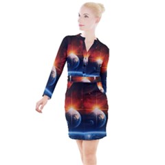 Earth Globe Planet Space Universe Button Long Sleeve Dress by Celenk