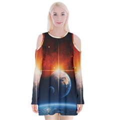 Earth Globe Planet Space Universe Velvet Long Sleeve Shoulder Cutout Dress by Celenk