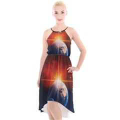 Earth Globe Planet Space Universe High-low Halter Chiffon Dress  by Celenk