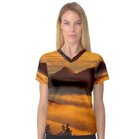 Fog Clouds Sea Of Fog Mountain V-neck Sport Mesh Tee by Celenk