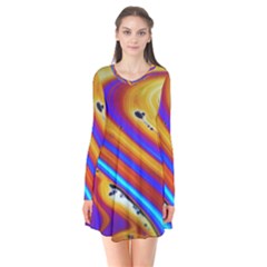 Soap Bubble Color Colorful Long Sleeve V-neck Flare Dress by Celenk