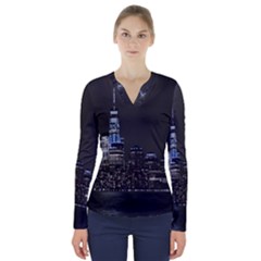 New York Skyline New York City V-neck Long Sleeve Top by Celenk