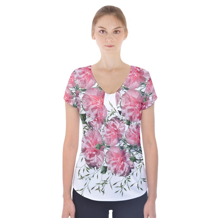 Carnations Flowers Nature Garden Short Sleeve Front Detail Top