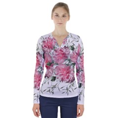 Carnations Flowers Nature Garden V-neck Long Sleeve Top by Celenk