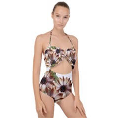 Sun Daisies Leaves Flowers Scallop Top Cut Out Swimsuit by Celenk