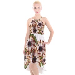 Sun Daisies Leaves Flowers High-low Halter Chiffon Dress 